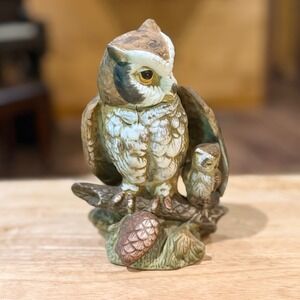 UCGC Ceramic Owl and Owlet Figurine on Branch with Pinecone Taiwan Vintage